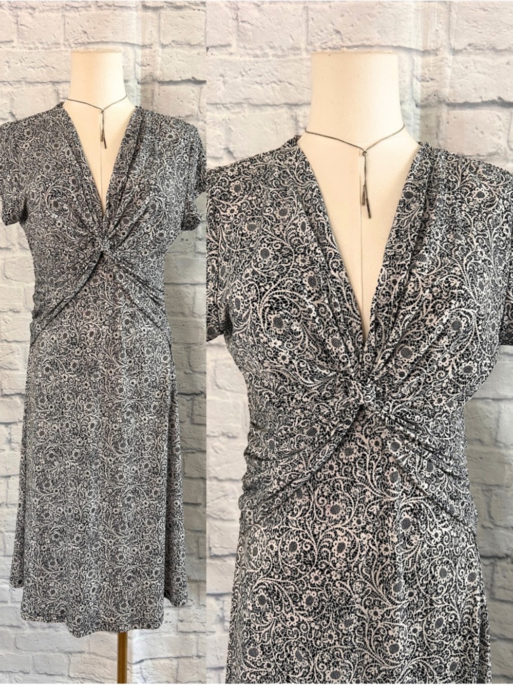 connected apparel Black White Dress Midi Floral V Neck Twist-Front Day to Night - Picture 1 of 15